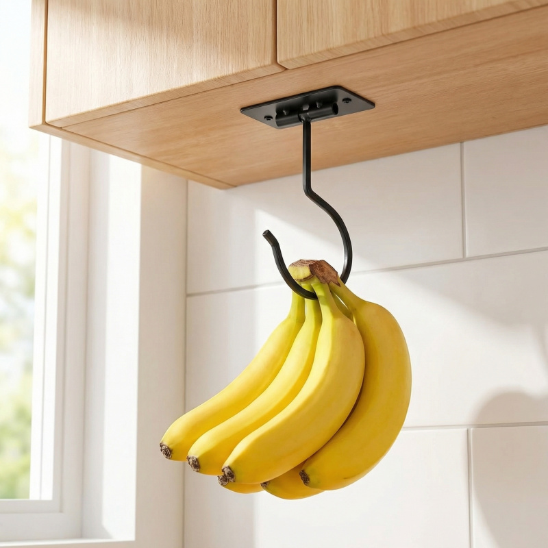 Kitchen Baking Storage - Black Metal Self-Adhesive Banana Hook Foldable